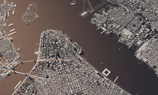 New york city map d rendering aerial satellite view