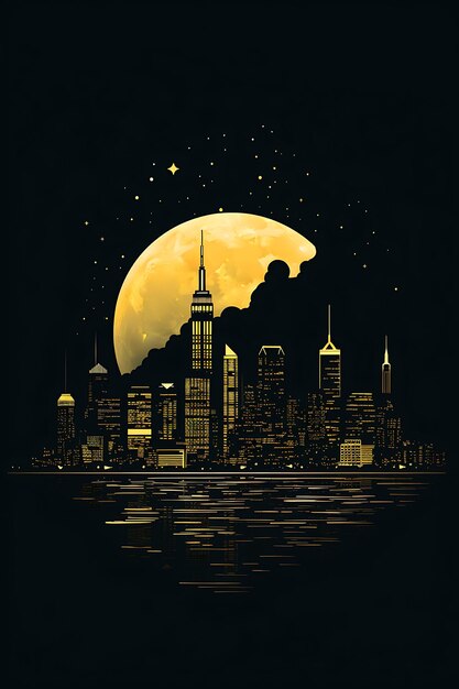 New york city and moon lit up at night illustration