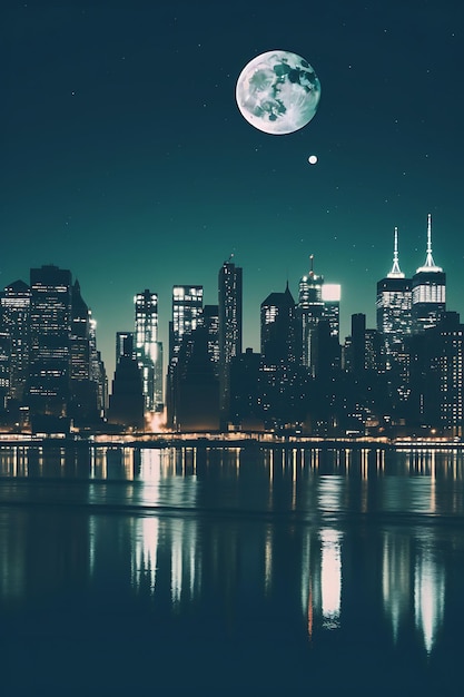 Foto new york city e la luna illuminate di notte illustrazione