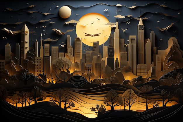 New York City at night from paper cut out effect