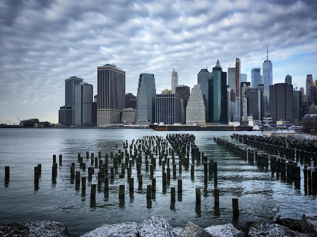 New York city skyline from Fulton Ferry landing New York USA January 2019