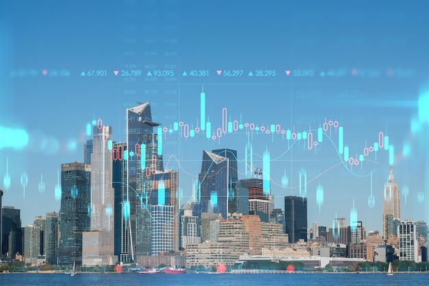 New York City skyline from New Jersey over Hudson River towards the Hudson Yards at day Manhattan Midtown Forex graph hologram The concept of internet trading brokerage and fundamental analysis