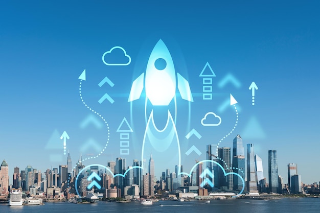 New York City skyline from New Jersey over the Hudson River towards the Hudson Yards at day Manhattan Midtown Startup company launch project to seek and develop scalable business model hologram