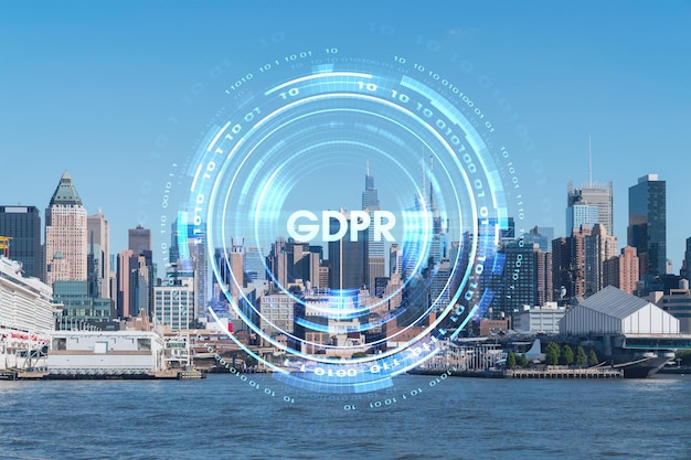 New York City skyline from New Jersey over the Hudson River towards Midtown Manhattan at day time GDPR hologram concept of data protection regulation and privacy for all individuals