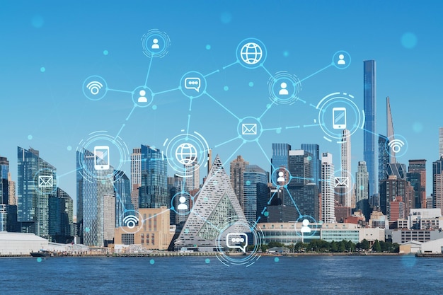 New York City skyline from New Jersey over the Hudson River towards Midtown Manhattan at day time Social media hologram Concept of networking and establishing new people connections