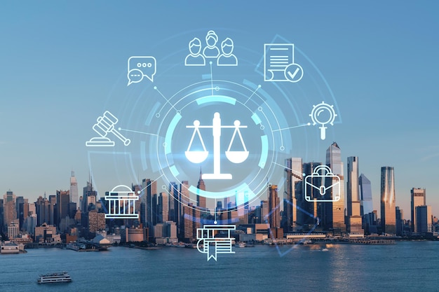 New York City skyline from New Jersey over Hudson River with Hudson Yards skyscrapers at sunset Manhattan Midtown Hologram legal icons The concept of law order regulations digital justice