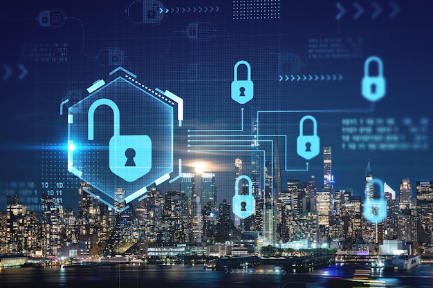 New York City skyline from New Jersey over the Hudson River with the skyscrapers at night Manhattan Midtown USA The concept of cyber security to protect confidential information padlock hologram