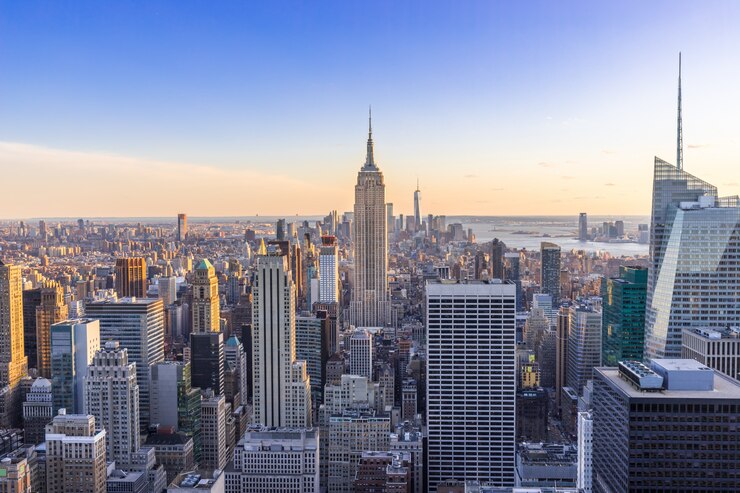 Photo new york city skyline in manhattan downtown with skyscrapers at sunset usa