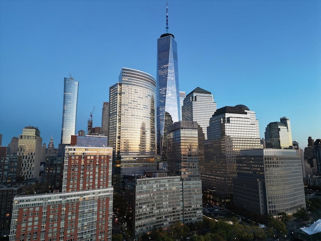 New york city skyline manhattan skyscrapers in nyc panorama from drone