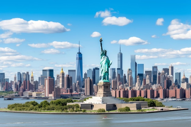 New York City skyline met het Vrijheidsbeeld op de voorgrond