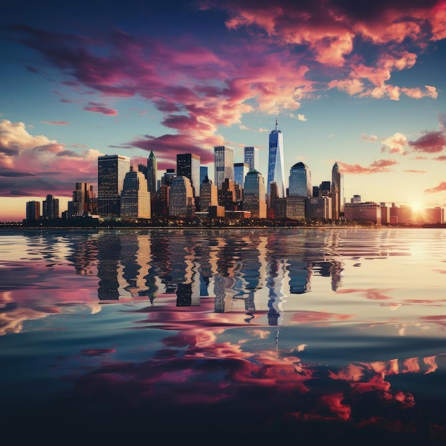New York City skyline reflecting at sunset in surreal style