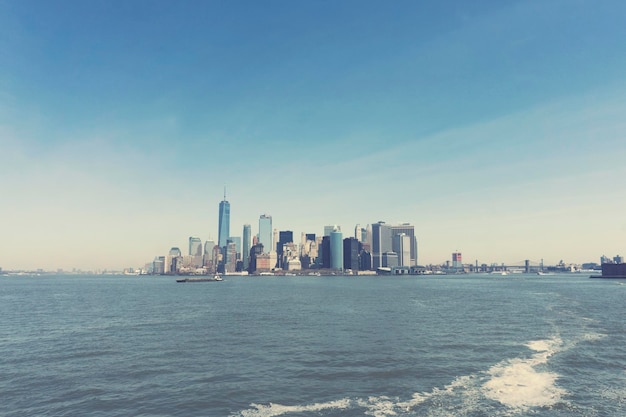 New york city skyline seen from a boat