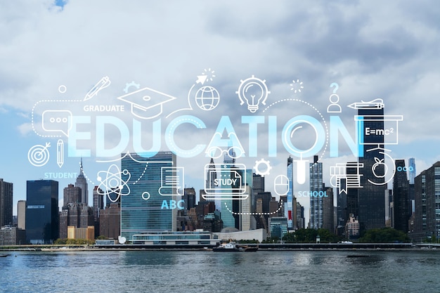 new york city skyline united nation headquarters over the east river manhattan midtown at day time nyc usa technologies and education concept academic research top ranking university hologram