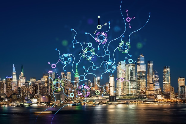 New York City skyline van New Jersey over de Hudson River met Hudson Yards 's nachts Manhattan Midtown Artificial Intelligence concept hologram AI machine learning neurale netwerk robotica