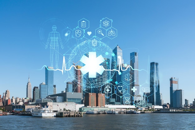 New York City skyline van New Jersey over de Hudson River naar de Hudson Yards op dag Manhattan Midtown Gezondheidszorg digitale geneeskunde hologram Het concept van behandeling en ziektepreventie