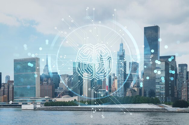 New york city skyline verenigde naties hoofdkwartier over east river manhattan midtown overdag nyc usa kunstmatige intelligentie concept hologram ai machine learning neuraal netwerk robotica