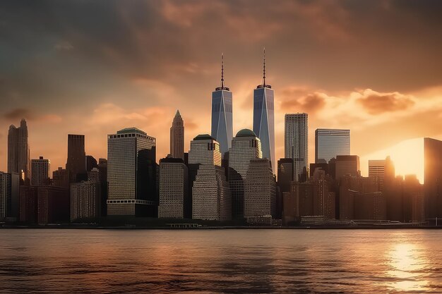 Горизонт Нью-Йорка с небоскребами на закате AI