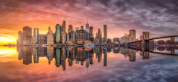 New York City skyline with skyscrapers at sunset