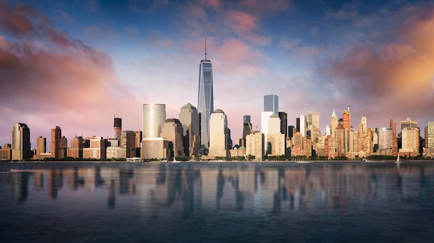 New York City skyline with urban skyscrapers at sunset USA