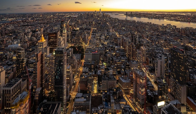 New York City skyline with urban skyscrapers at sunset USA