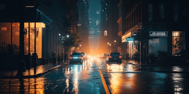New York city street at night wet street AIGenerated