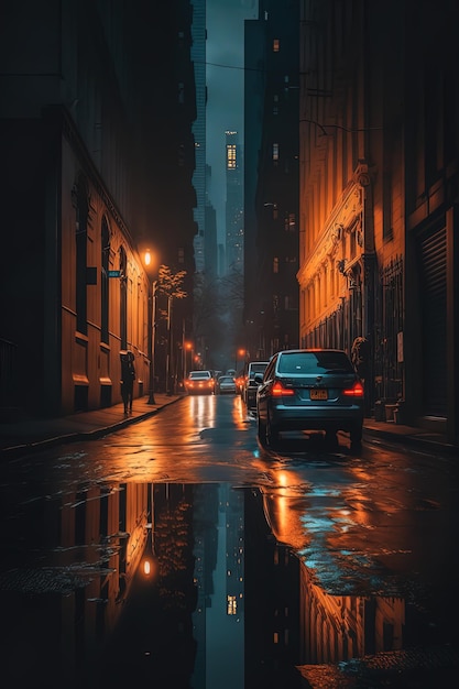 夜のニューヨークの街並み 濡れた街並み AIGenerated