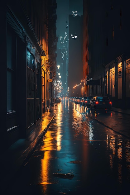 New York city street at night wet street AIGenerated