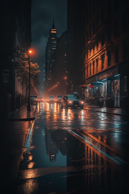 New York city street at night wet street AIGenerated