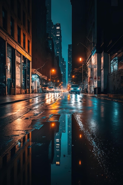 New York city street at night wet street AIGenerated