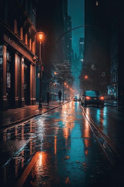 New York city street at night wet street AIGenerated