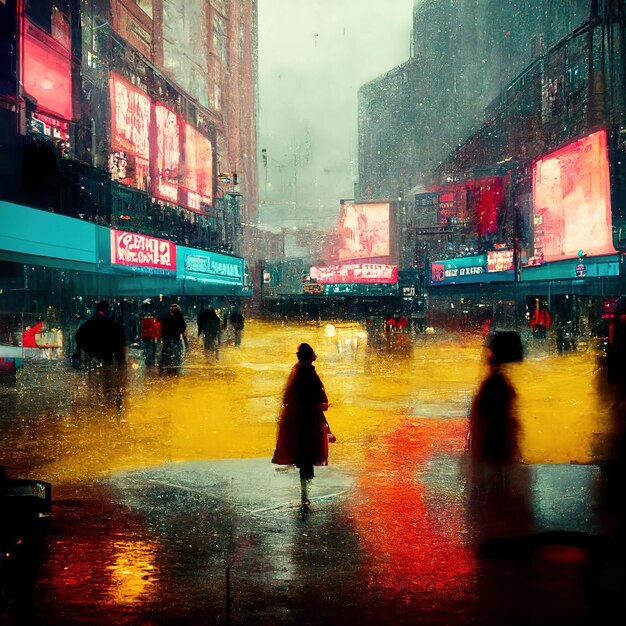 New York city street times square painting illustration