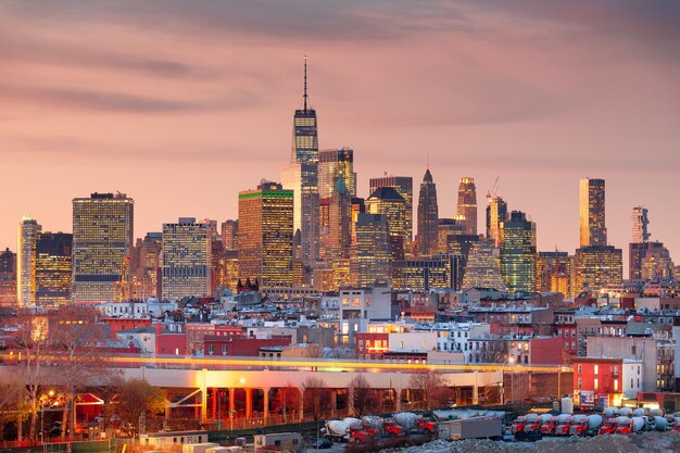 New York City USA downtown Manhattan skyline from Brooklyn