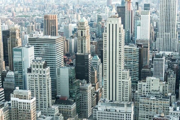 Foto new york city wolkenkrabbers in midtown manhattan luchtfoto panoramisch uitzicht