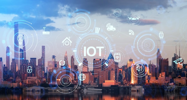 New York cityscape IOT with glowing icons and business technology