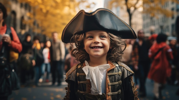 New York Halloween PirateClad Boy Grinning with Glee in Photo