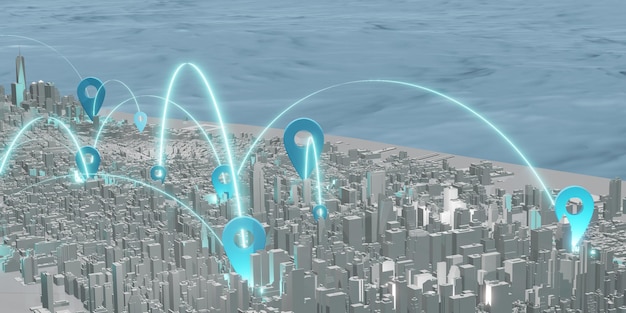 ニューヨーク地図アメリカ座標ピン通信とサービス提供3Dイラスト（6）