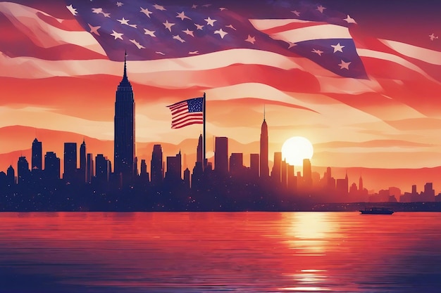 New York skyline silhouet met Twin Towers en USA vlag