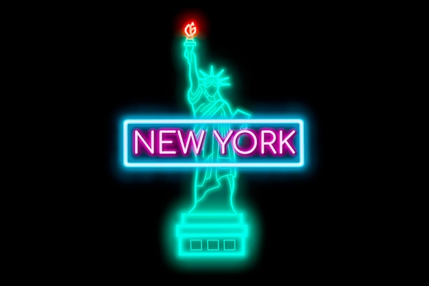 Foto banner al neon della statua della libertà di new york.