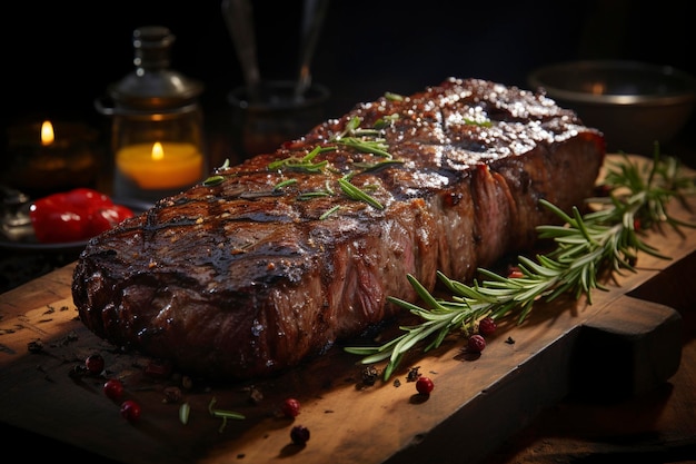 New York strip steak geserveerd op een houten bord