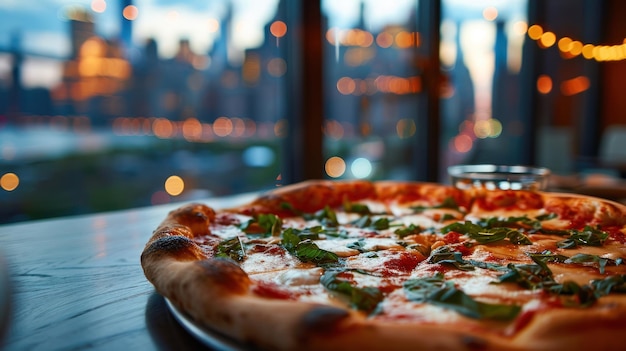 Foto pizza in stile new york contro lo skyline della città