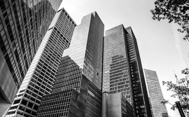 NEW YORK, USA - Jun 01, 2014: Black and white image of Manhattan modern architecture. Manhattan is the most densely populated of the five boroughs of New York City