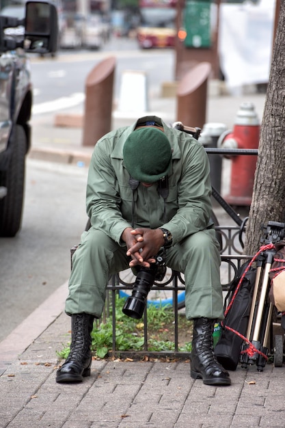 NEW YORK, USA - JUNE 15, 2015 - Homeless in town street