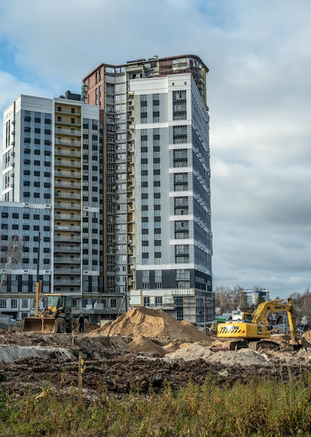 New York USA November 25 2022 Construction of a modern multistorey building New development of a residential area