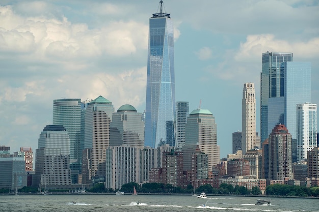 New york view cityscape from hudson river liberty island