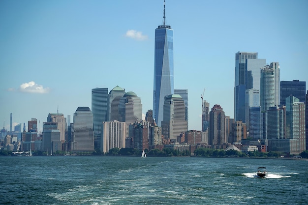 New york view cityscape from hudson river liberty island