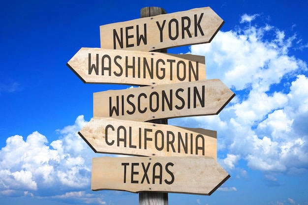 New York Washington Wisconsin California Texas wooden signpost with five arrows