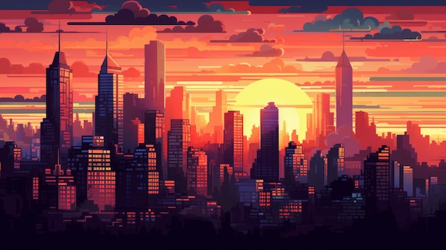 New York zonsondergang in de jaren 1910 Een Pixel Art illustratie