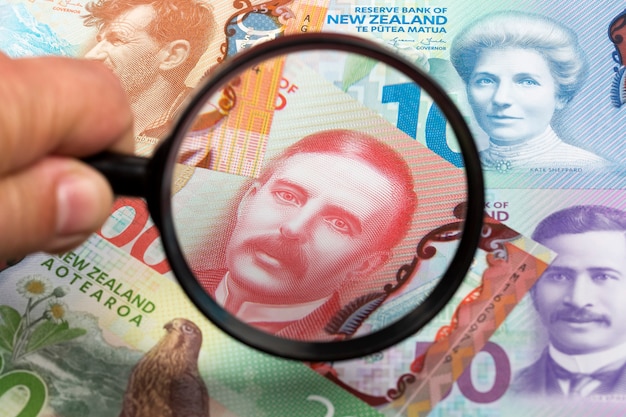 New Zealand dollars in a magnifying glass background