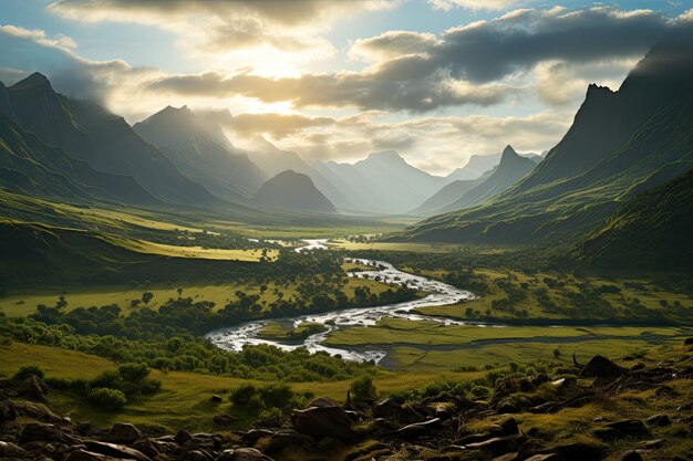 골짜기에서 휘어지는 강과 함께 뉴질랜드 풍경 생성 AI 예술 아름다운 풍경