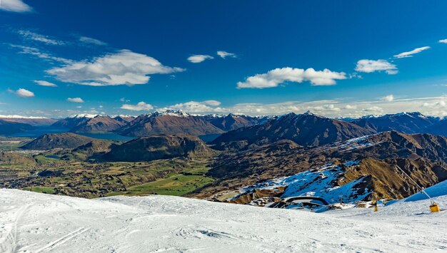 New zealand mountain panorama and snow ski slopes as seen from coronet peak ski resort queenstown